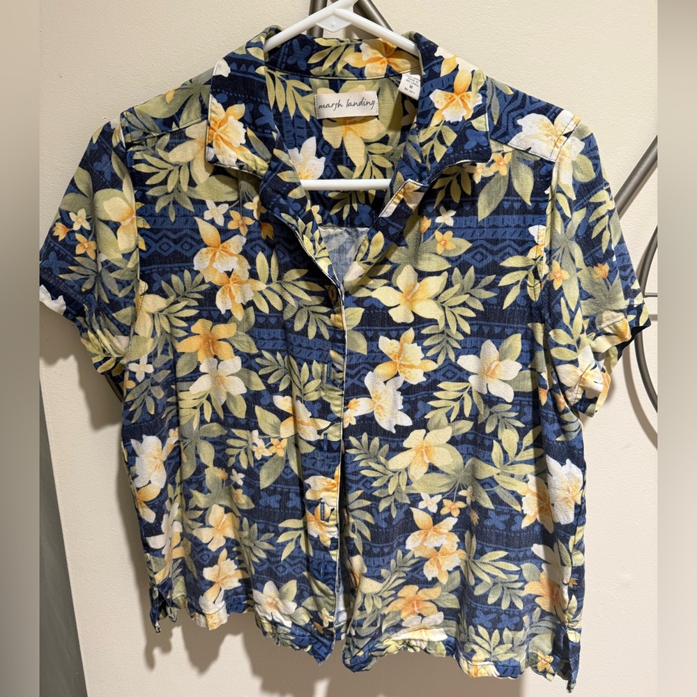 Marsh Landing Blue and Yellow Floral Shirt, Hawaiian, Bohemian, Size M